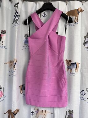 Herve Leger Pink Crossover Bandage Mini Dress